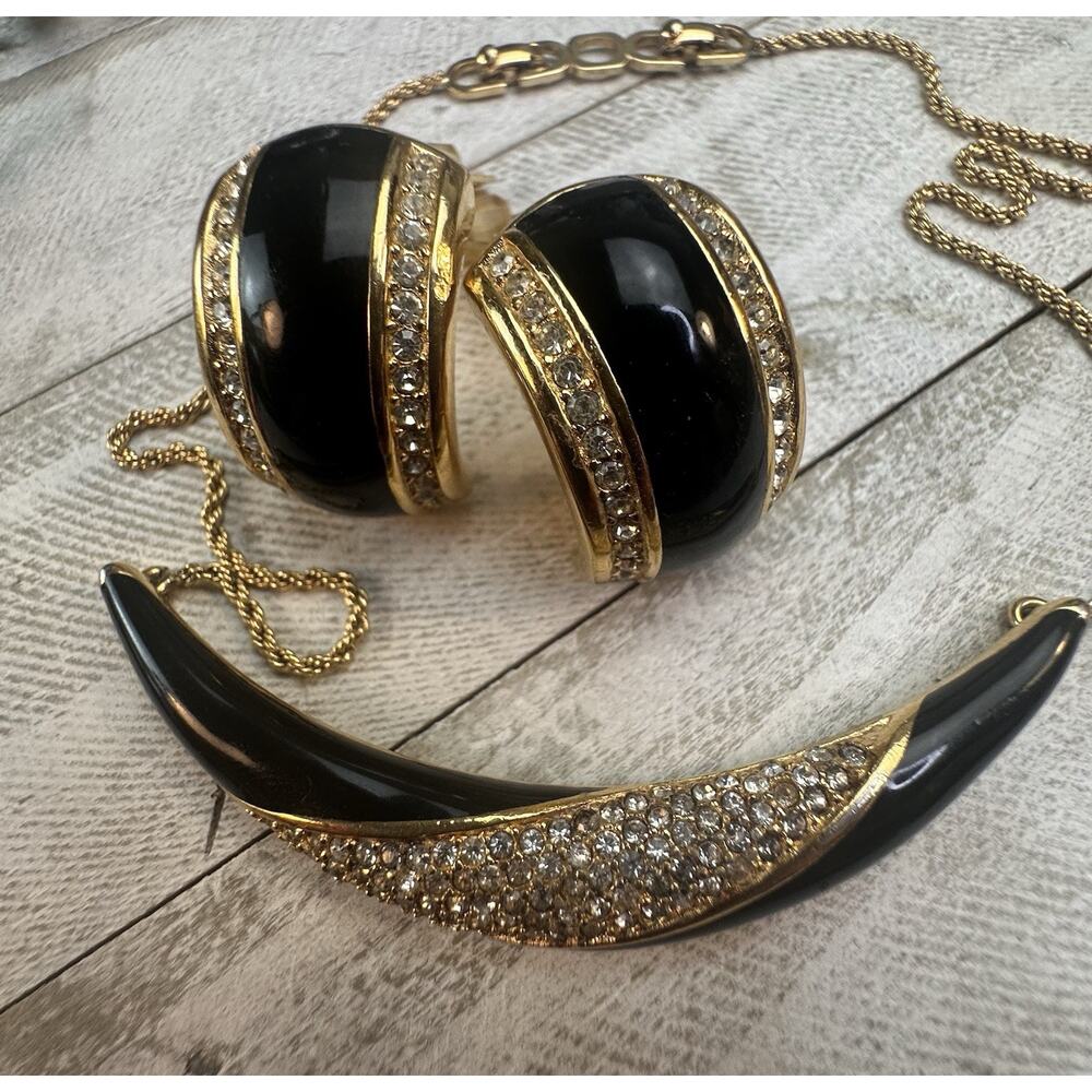Christian Dior Vtg 1980s Black Enamel Pave Rhinestone Necklace Clip Earrings Set - Picture 5 of 13